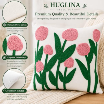 SELECTION Embroidered Floral Throw Pillow, 18x18 Inch Decorative Pillow with Insert Included, Ivory White Woven Canvas Cushion, Pink Flower Embroidery, Hidden Zipper, Farmhouse Boho Home Decor