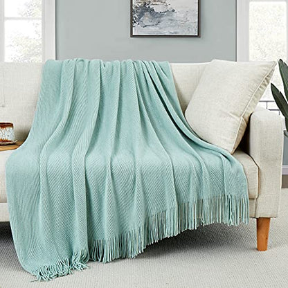 Homiest Light Green Knitted Throw Blanket with Fringe, 50x60 Inch - color: Light Green, size: 50" x 60"