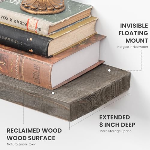 FLYJOE Floating Shelves Reclaimed Barnwood, 8" Deep Solid Wood Floating Shelf Wall Hanging Shelves with Invisible Heavy-Duty Metal Bracket | Wall Mounted | Farmhouse Style | 40 inches,2PCS,Grey - color: Distressed Grey, size: 40inches-2P
