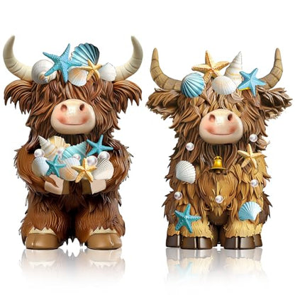 2 Pcs Coastal Highland Cow Figurines Decor, Beach Ocean Style - style: Beach