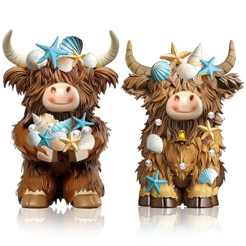 2 Pcs Coastal Highland Cow Figurines Decor, Beach Ocean Style - style: Beach