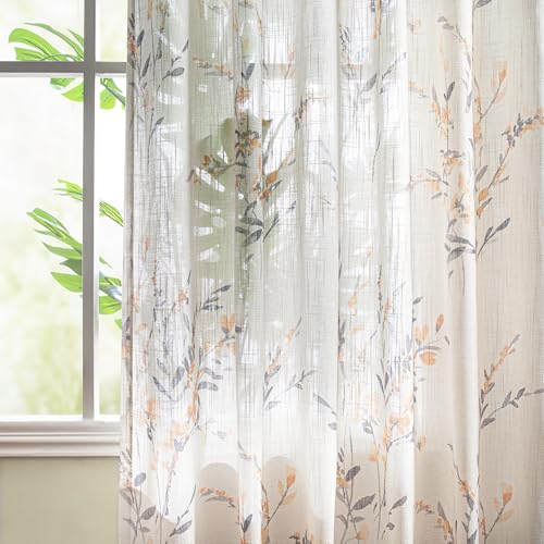 MYSKY HOME Floral Sheer Curtains 84 Inch Long Linen Blended 2 Panels Yellow - color: Yellow, size: 50"W x 84"L (Pack of 2)