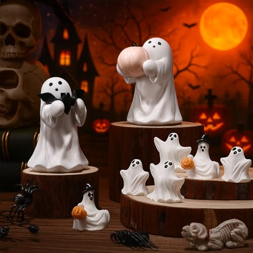Threehoney 8 Pcs Halloween Ghost Figurine Small Resin Scary Ghost Decor