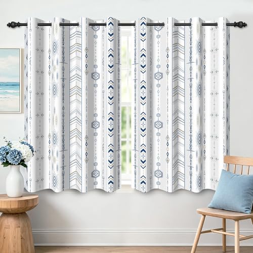 Boho Blue and White Geometric Striped Blackout Curtains for Living Room Bedroom 63 Inch Length 2 Panel Set, Western Room Darkening Patterned Grommet Window Drapes - color: Blue Stripe, size: 52"W x 63"L (Pack of 2)