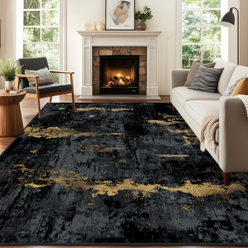 RELEANY Washable 5'x7' Abstract Area Rug for Living Room Black Gold - color: Black/Gold, size: 5' x 7' (Rectangular)