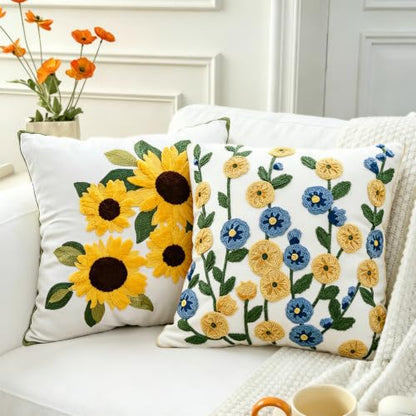 Sunflower Floral Spring Embroidered Throw Pillow Cover 18"x18" Set of 2 - color: Sunflower Yellow