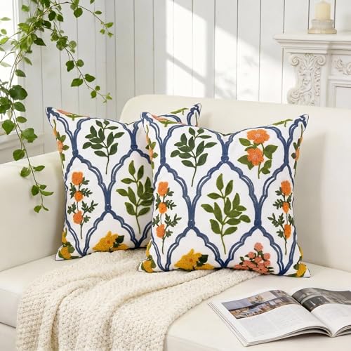 Alysheer Floral Embroidered Throw Pillow Cover 18"x18", 2pcs Orange Blue - color: - Orange Mustard, size: 18" x 18" (Pack of 2)