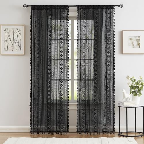 Black Boho Sheer Lace Window Curtains with Tassel, 40" Wx90 Lx2 - color: Black, size: 40"W x 90"L (Pack of 2)