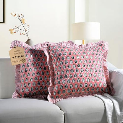 CPC Poppy Pink Block Print Ruffle Pillow Cover 16x16 Inch, Pack of 2 - color: Poppy Pink, size: 16" x 16" (Pack of 2)