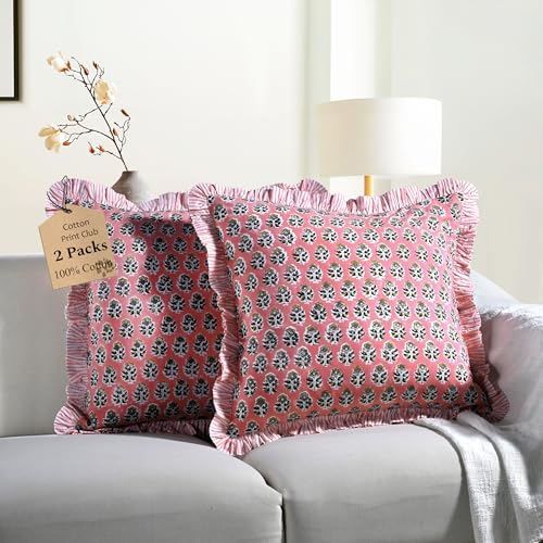 CPC Poppy Pink Block Print Ruffle Pillow Cover 16x16 Inch, Pack of 2 - color: Poppy Pink, size: 16" x 16" (Pack of 2)