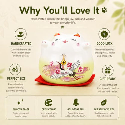 kcrygogo Green Maneki Neko Lucky Cat Figurine, Ceramic Japanese Fortune Cat Statue with Happiness Health Artwork and Red Cushion, Cute Good Luck Desk Shelf Table Decor Gift for Home Office Shop