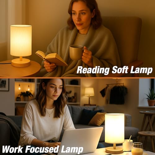 Desk Lamp LED Bulb Included, Small Bedside Table Lamp Plug-in - Classic Wood Base with Flaxen Fabric Shade, Lamps for Night Stands, Simple Nightstand Light for Bedroom, Office, Desk - color: Flax White
