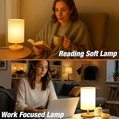 Desk Lamp LED Bulb Included, Small Bedside Table Lamp Plug-in - Classic Wood Base with Flaxen Fabric Shade, Lamps for Night Stands, Simple Nightstand Light for Bedroom, Office, Desk - color: Flax White