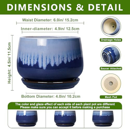 Ceramic Flower Pots, 6 Inch Plant Pot Indoor with Saucer, Deep Blue - size: 6 Inch, style: Deep Blue