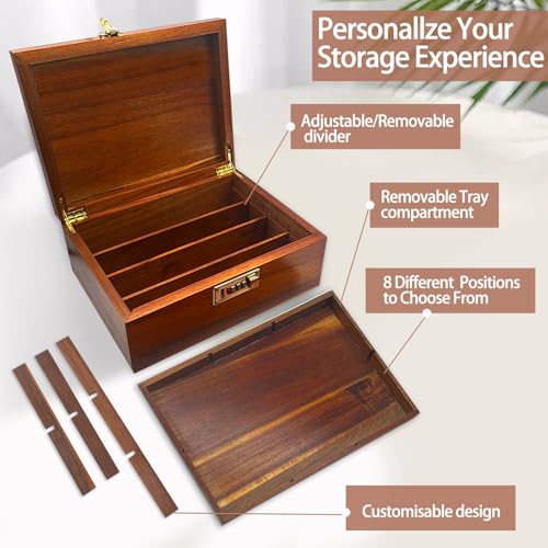 Large Acacia Wooden Storage Box with Hinged Lid and Combination Lock Decorative Boxes with Removable Tray Memory Box Keepsake Chest Stash Boxes Lockable Chest for Jewelry Accessories Treasured Items - style: Code Lock with grid tray