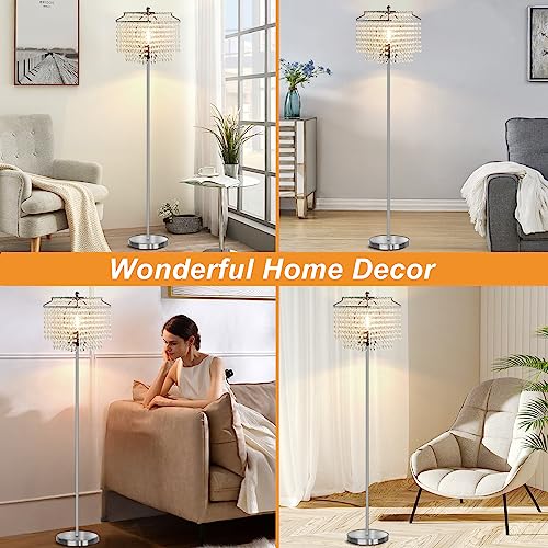 Luvkczc Crystal Floor Lamp, 64" Tall Modern Standing Lamps with Double-Layer Lampshade, On-Off Foot Switch, Silver Finish Pole Lamp for Living Room, Bedroom, Office, 8W Bulb Included - color: Silver
