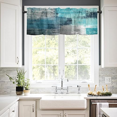 Turquoise Kitchen Curtains Abstract Art Valances for Windows Farmhouse Window Treatment Valances Rod Pocket Cyan Teal Gray Curtain Valance for Bathroom Bedroom Living Room, 54 X 18 Inch,1 Panel - color: Teal, size: 54"W x 18"L (Pack of 1)