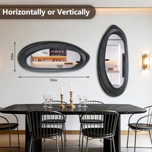 POZINO 55"x24" Large Irregular Wall Mirror, Black Asymmetrical Oval Mirror - size: 55"L x 24"W