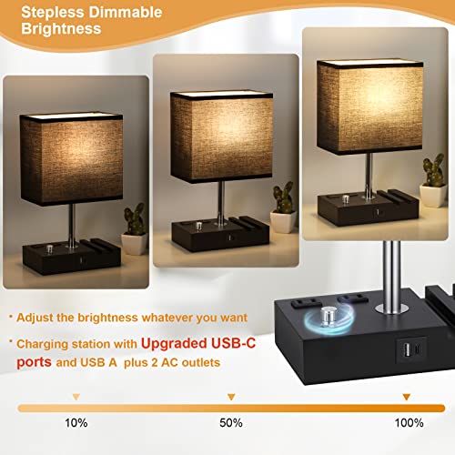 Black Table Lamp for Bedroom - Stepless Dimmable, USB C+A, 2 AC Outlets - color: Black with Knob Switch, size: 1 Pack