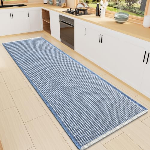 Smiry Waffle Bath Mat 60X16, Soft Absorbent Bathroom Rugs, Blue & Cream - color: Blue & Cream, size: 60'' X 16''