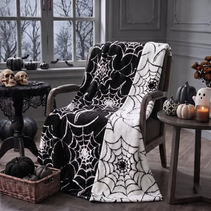 Halloween Gothic Spider Web Blanket Reversible Knit Throw Blanket - color: Black and White, style: Halloween Spiderwebs Blanket