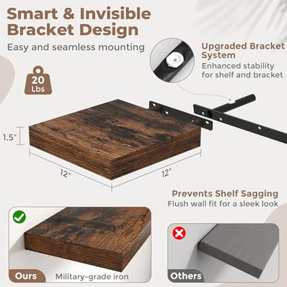 12 Inch Floating Shelves for Wall 2 Pack, 12"D Wood Grain Bathroom Shelves - color: Rustic Brown Finish, size: 12"W x 12"D x 1.5"H, 2 Pack