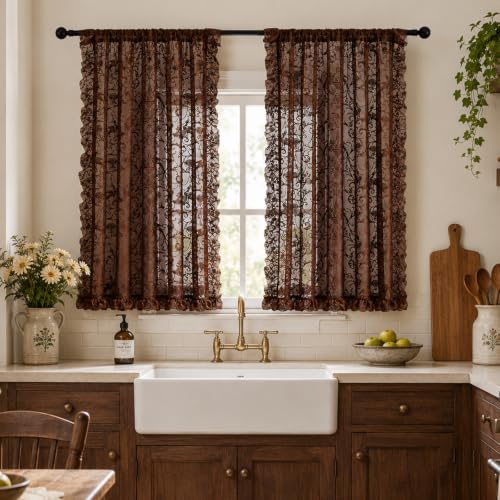 TUDECO Lace Brown Kitchen Curtains 45 Inch Long for Small Window, 2 Panels - color: Brown, size: 59"W x 45"L (Pack of 2)