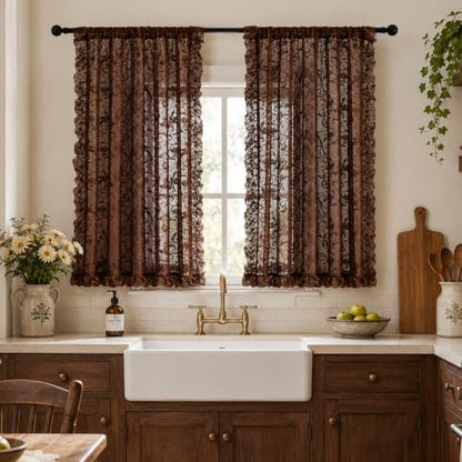 TUDECO Lace Brown Kitchen Curtains 45 Inch Long for Small Window, 2 Panels - color: Brown, size: 59"W x 45"L (Pack of 2)