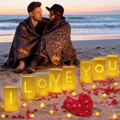 I Love You Decorations – Surprise Set with Light Up Letters, 30 Tea Light Candles, 2000 Rose Petals, 10 Balloons – Luminary Bags for Couples & Romantic Moments - style: I Love You