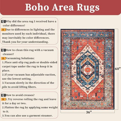 SERISSA 3x5 Washable Non Slip Boho Area Rug for Bedroom，Rust - color: Rust/Multi, size: 3' x 5' (Rectangular)