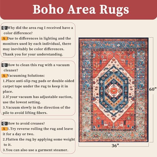 SERISSA 3x5 Washable Non Slip Boho Area Rug for Bedroom，Rust - color: Rust/Multi, size: 3' x 5' (Rectangular)