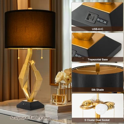 Scenekoy Gold Leaf Finish Table Lamp Set of 2 with USB Ports for Bedroom - size: 26 inches Gold Leaf -029