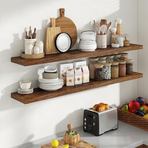 Acovy 55 Inch Floating Shelves, 8 Inch Deep Floating Shelves for Wall, Hanging Shelf with Invisible Brackets, Deep Shelves for Bathroom, Bedroom, Living Room, Brown, Set of 2 - color: Brown, size: 8"Wx55"L-2pcs