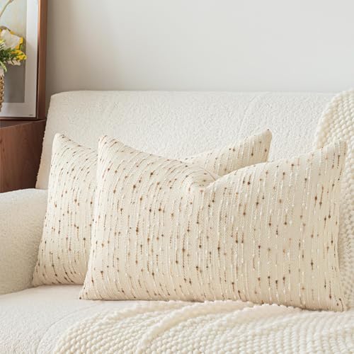 Boho Lumbar Throw Pillow Covers 12 x 20 in Set of 2 - Neutral Farmhouse Meteor Style Fabric Textured Accent Decorative Cushion Case Striped Pillowcase for Sofa, Couch, Beige and Brown - size: 20" x 12" (Pack of 2)