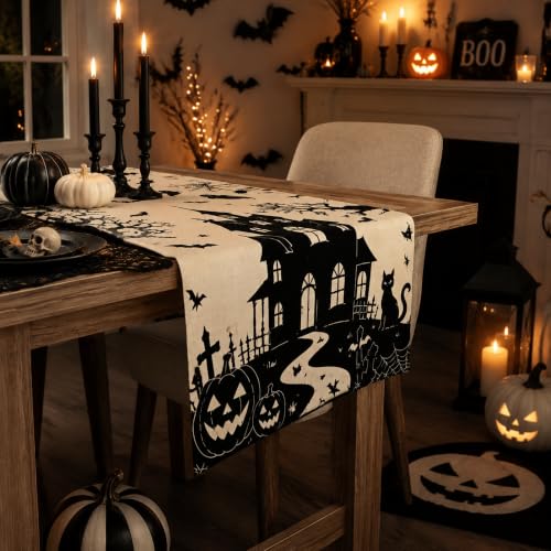 Halloween Decorations - Gothic Haunted House Witch Ghost Bat Table Runner - color: Halloween Haunted House