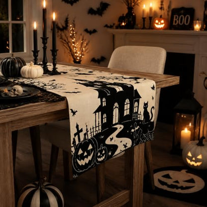 Halloween Decorations - Gothic Haunted House Witch Ghost Bat Table Runner - color: Halloween Haunted House