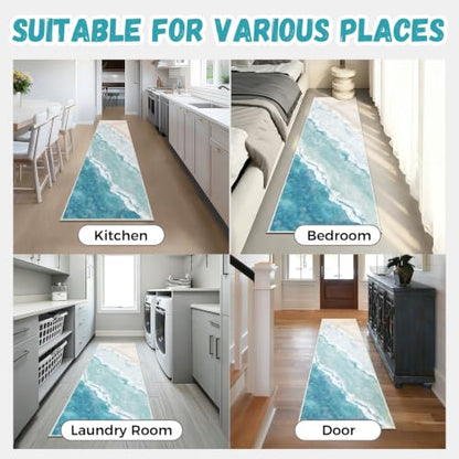 Beach Pattern 2x7ft Runner Rug Non Slip Washable Kitchen Runner Rug with Rubber Backing，Low-Pile Soft Washable Runner Rugs for Hallway Entryway Kitchen Bedroom Living Room Bathroom - color: Light Blue Beach, size: 2' x 7' (Rug)