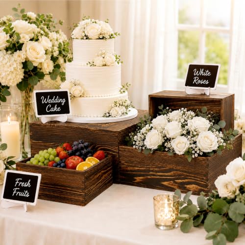 4 Pack Wooden Buffet Risers Cupcake Stand Buffet Display with Mini Signs - color: Brown, size: 4 Pcs