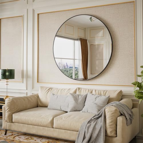 BEAUTYPEAK 42 Inch Round Mirror, Metal Frame Circle Mirror, Black - color: Black, size: 42"L x 42"W