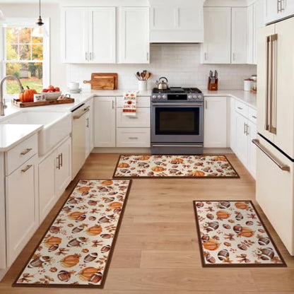 Fourluoo 3 Pcs Fall Football Pumpkin Kitchen Rugs and Mats Set - color: Beige