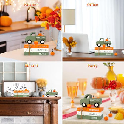 Fall Decorations for Home Indoor, Thanksgiving Wooden Farmhouse Harvest Decor Signs with Book Stack, 3D Truck, 5 Pumpkins for Office Table Tiered Tray, Autumn Centerpiece Gifts for Bedroom Desk - style: Wooden Truck