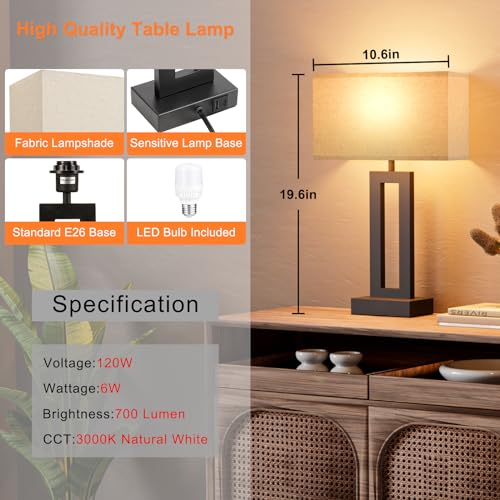 19.6" Touch Lamps for Nightstand, 3 Way Dimmable Bedroom Lamp, USB C+A - color: A. Beige&Black, size: Medium(19.6in)