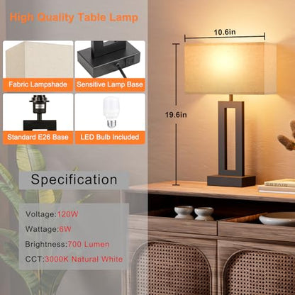 19.6" Touch Lamps for Nightstand, 3 Way Dimmable Bedroom Lamp, USB C+A - color: A. Beige&Black, size: Medium(19.6in)