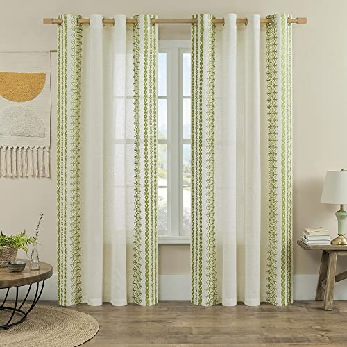 Bohemian Curtains 96 Inches Long 2 Panels set for Bedroom Living Room Grommet Embroidered Flax Linen Curtains Semi Sheer Drapes Farmhouse Decor Office Dining Room, 52x96 Inch Length, Sage Green - color: Sage Green, size: 52"W x 96"L (Pack of 2)