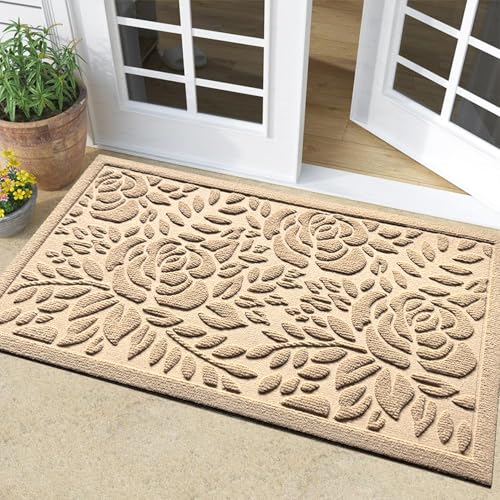 Bulijojo Front Door Mat Entrance,Durable Heavy Duty Welcome Mat,Thick Absorbent Natural Rubber Non Slip Mat,Sturdy Entryway Beige Flower,23x35 - color: Beige Flower, size: 1'11" x 2'11" (Rectangular)