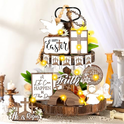 Menkxi 15 Pcs Easter Tiered Tray Decor Set He is Risen Jesus Decoration Christian Cross Wooden Easter Table Sign Rustic Religious Centerpieces Farmhouse Tabletop Decorations for Home Shelf Kitchen - style: Cross
