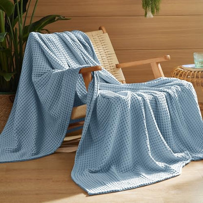 Bedsure Lightweight 100% Cotton Waffle Blanket, Throw XL, Celestial Blue - color: Celestial Blue, size: Throw Xl (50" X 70")