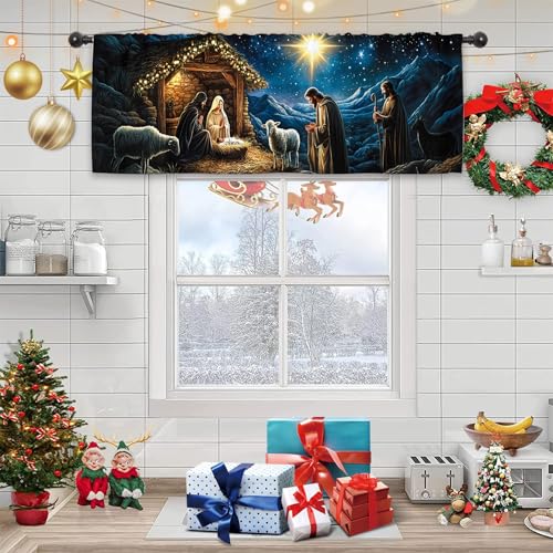Miyotaa Christmas Holy Kitchen Curtain Valance 54W x 18H Rod Pocket Winter Night Xmas Holiday Religious Christian Window Treatment for Living Room Bedroom Bathroom - color: Blue Night, size: 54"W x 18"L (Pack of 1)