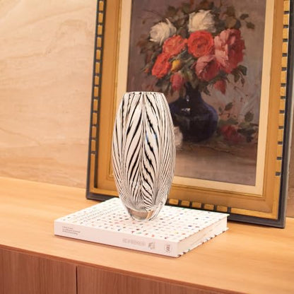 Murano Style Glass Vase Hand Blown Black and White Feather Pattern Effect - color: Black and White