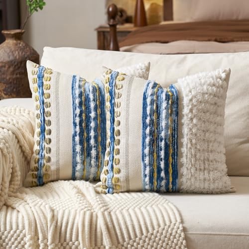 Aeckself Boho Chenille Tufted Throw Pillow Covers 18x18 Inch Set of 2, Farmhouse Decorative Striped Square Pillow Covers Accent Neutral Pillowcase for Living Room Couch Bed, Blue - color: Blue White